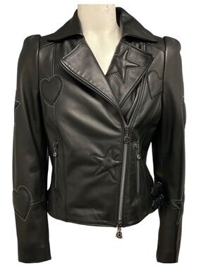 MAISON COMMON BLACK STUDDED MOTO ZIP LEATHER JACKET WITH HEARTS AND STARS